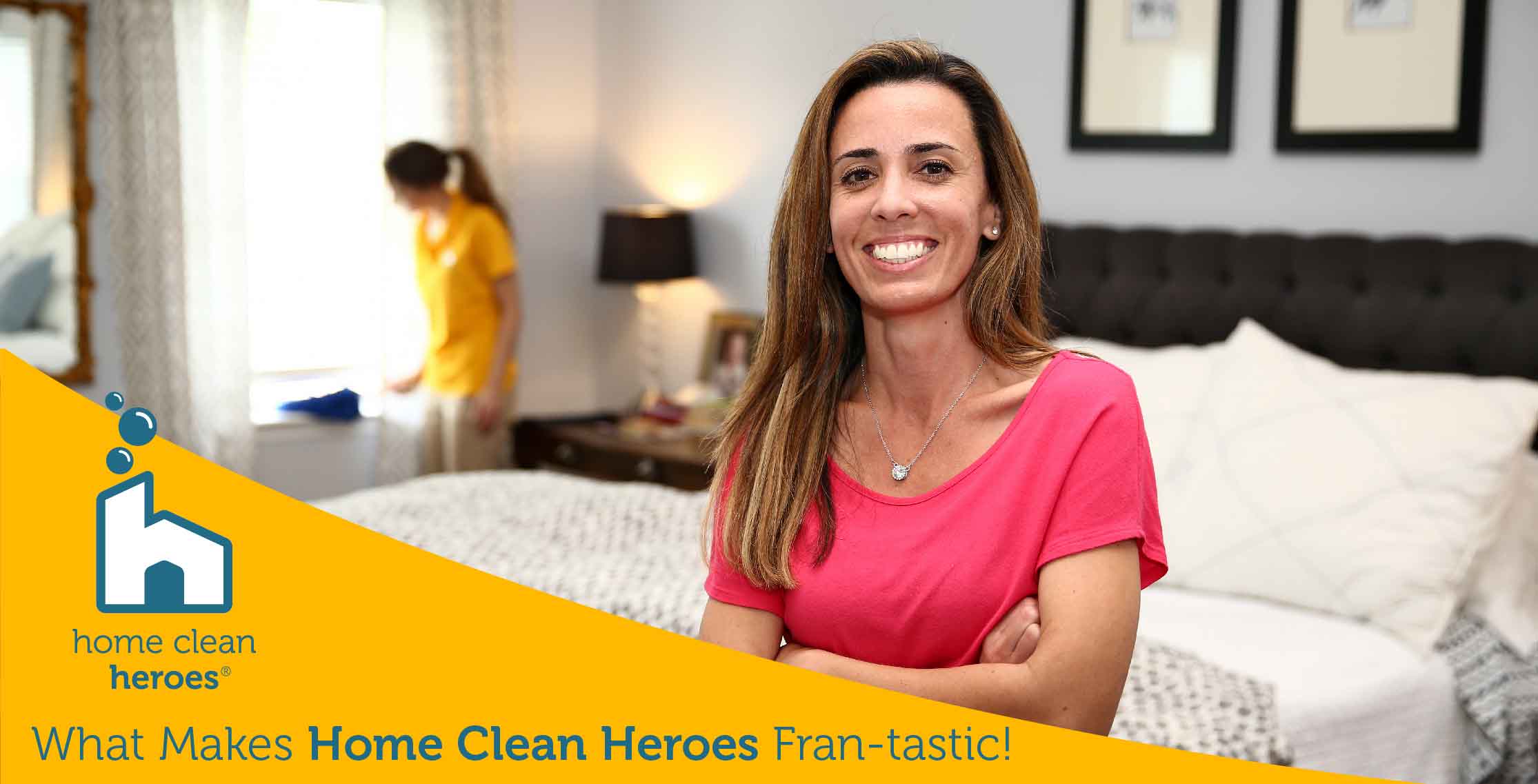  Woman standing and smiling with a Home Clean Heroes cleaner in the background dusting blinds
