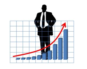 Icon of businessman with an increasing bar chart