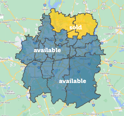 Map highlighting available territories for purchase in Dallas-Fort Worth