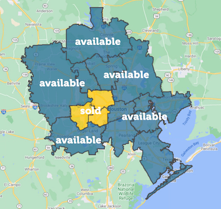 Available territories and sold territories highlighted on map of Houston
