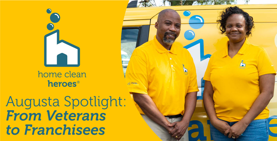 Home Clean Heroes of Augusta owners smiling in front of Home Clean Heroes vehicle